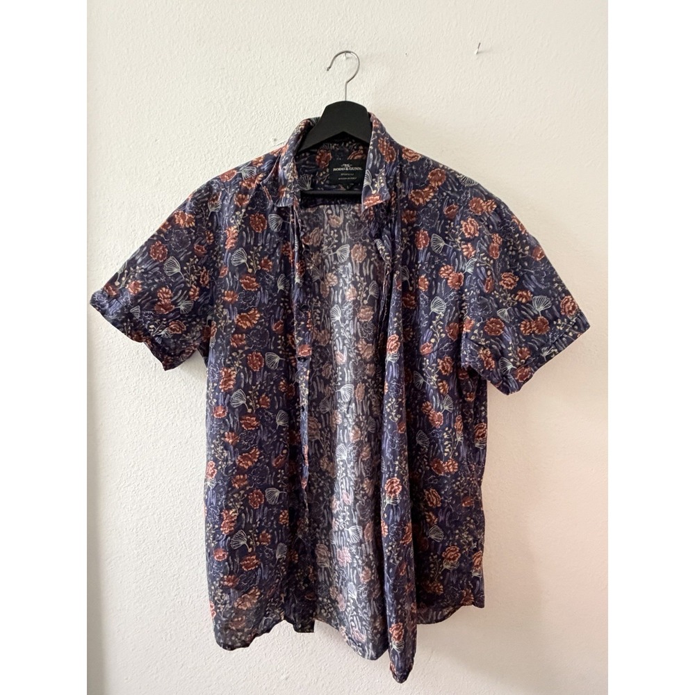 Rodd & Gunn Mens L Short Sleeve Button Down Shirt Blue Floral Woven In Italy